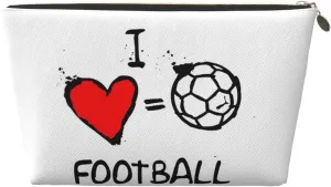 Portable Makeup Bag Zipper Pouch Travel Make up Organizer Bag Toiletry bag Water-resistant Aesthetic PVC Leather Cosmetic Bags for Women and Girls with I Love Football