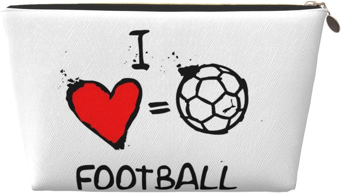 Portable Makeup Bag Zipper Pouch Travel Make up Organizer Bag Toiletry bag Water-resistant Aesthetic PVC Leather Cosmetic Bags for Women and Girls with I Love Football