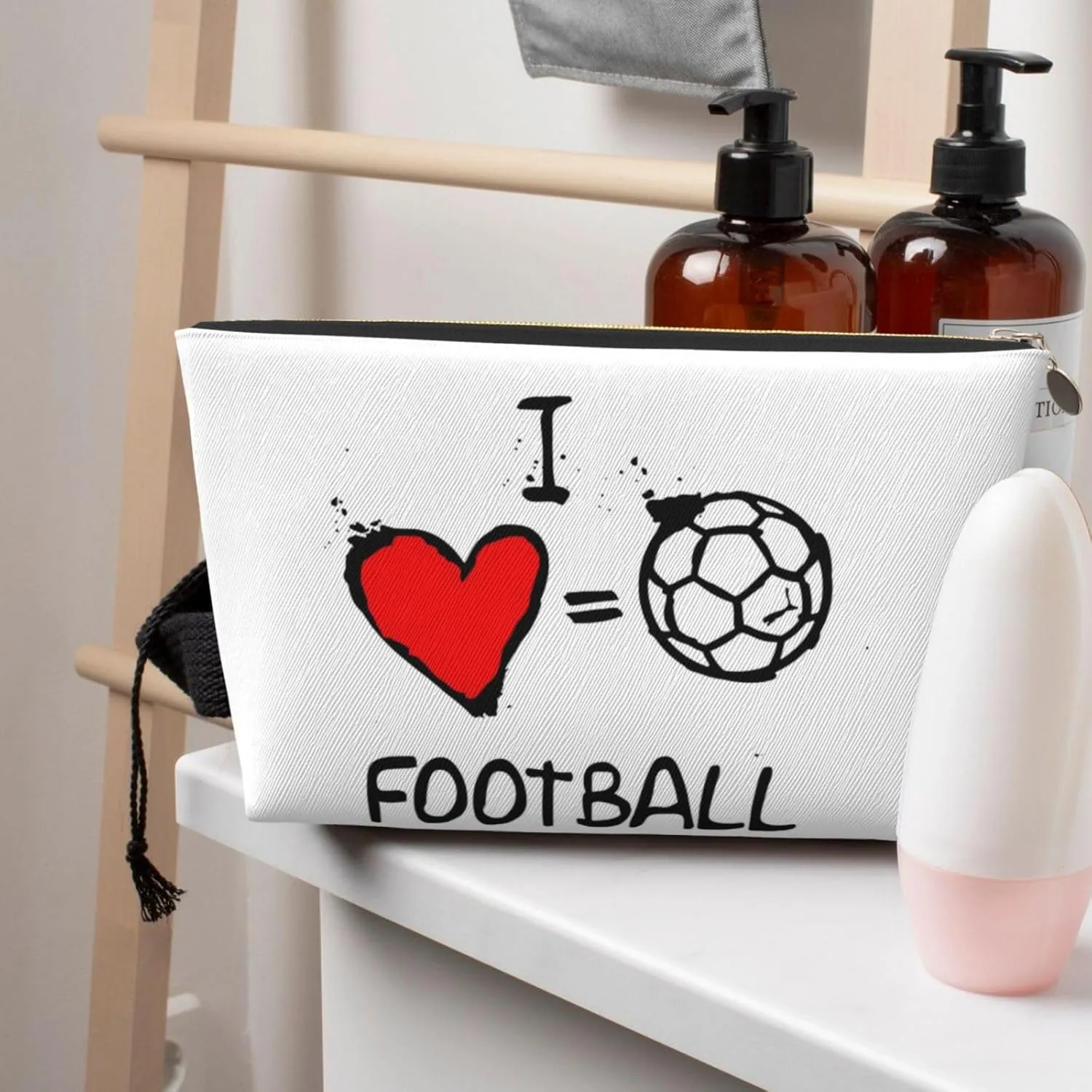 Portable Makeup Bag Zipper Pouch Travel Make up Organizer Bag Toiletry bag Water-resistant Aesthetic PVC Leather Cosmetic Bags for Women and Girls with I Love Football
