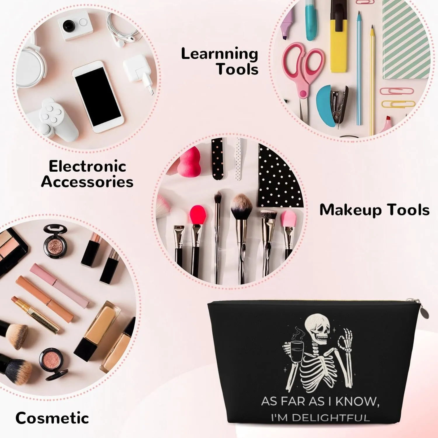 Portable Makeup Bag Zipper Pouch Travel Make up Organizer Bag Toiletry bag Water-resistant Aesthetic PVC Leather Cosmetic Bags for Women and Girls with Skeleton
