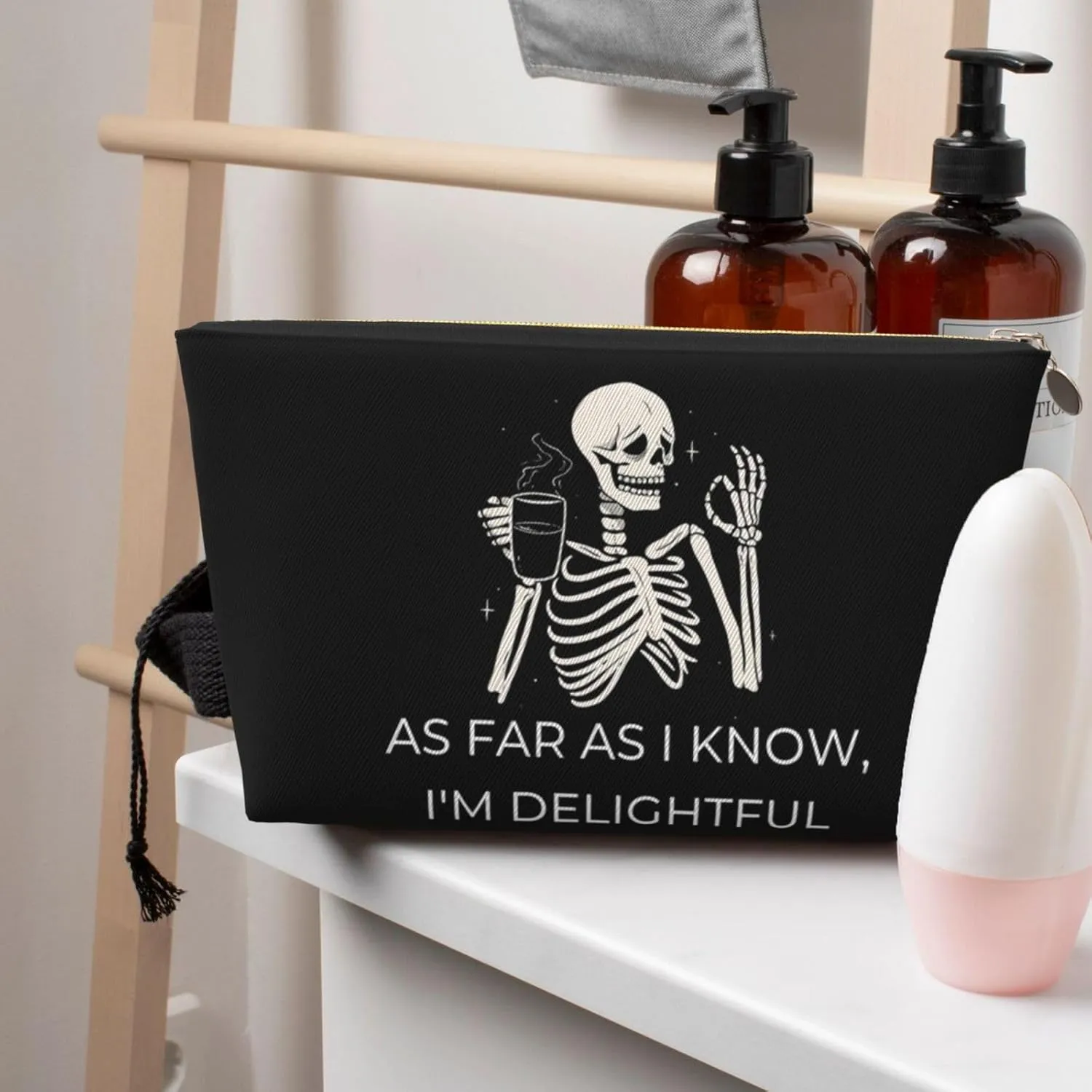 Portable Makeup Bag Zipper Pouch Travel Make up Organizer Bag Toiletry bag Water-resistant Aesthetic PVC Leather Cosmetic Bags for Women and Girls with Skeleton