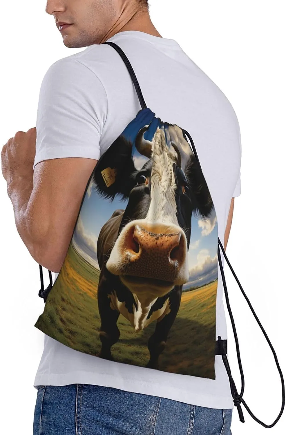 Prairie Cow Drawstring Backpack For Women Men Waterproof Drawstring Bag Cinch Bags Lightweight Gym Bags Medium