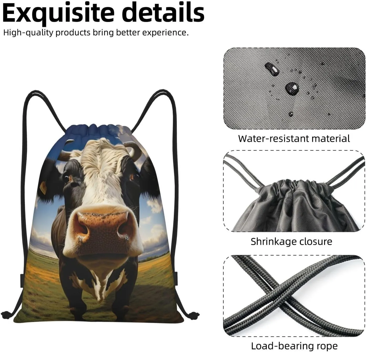Prairie Cow Drawstring Backpack For Women Men Waterproof Drawstring Bag Cinch Bags Lightweight Gym Bags Medium