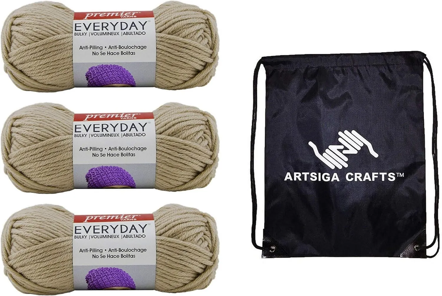 Premier Yarns Everyday Bulky Linen 1068-2 (3-Skeins - Same Dye Lot) Weight S Bulky #6 Acrylic Yarn for Crocheting and Knitting with Project Bag