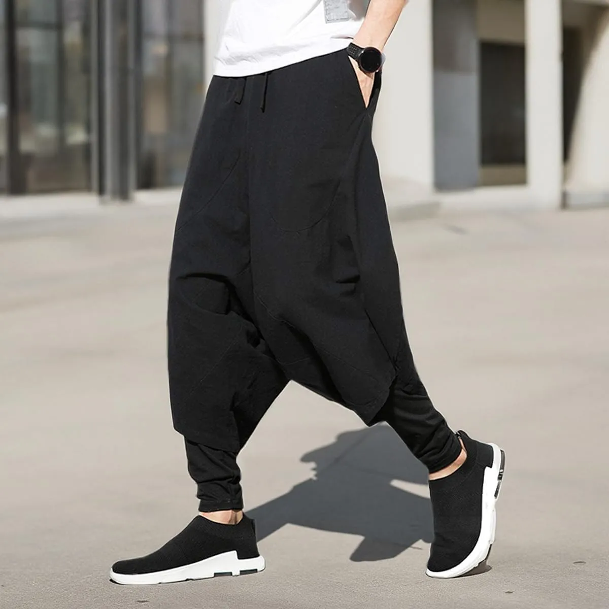 PRIJOUHE Men's Harem Pants, Baggy Wide Leg Hip Hop Pants, Cotton