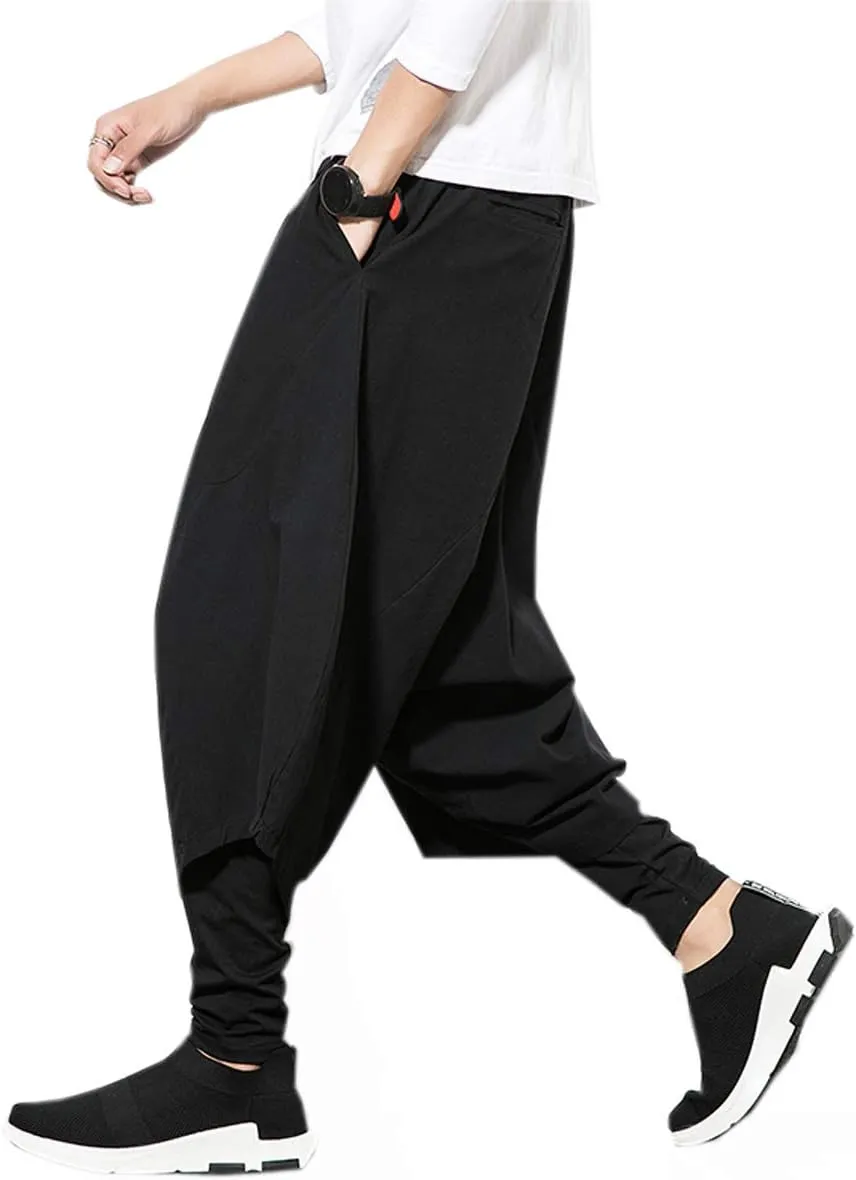 PRIJOUHE Men's Harem Pants, Baggy Wide Leg Hip Hop Pants, Cotton