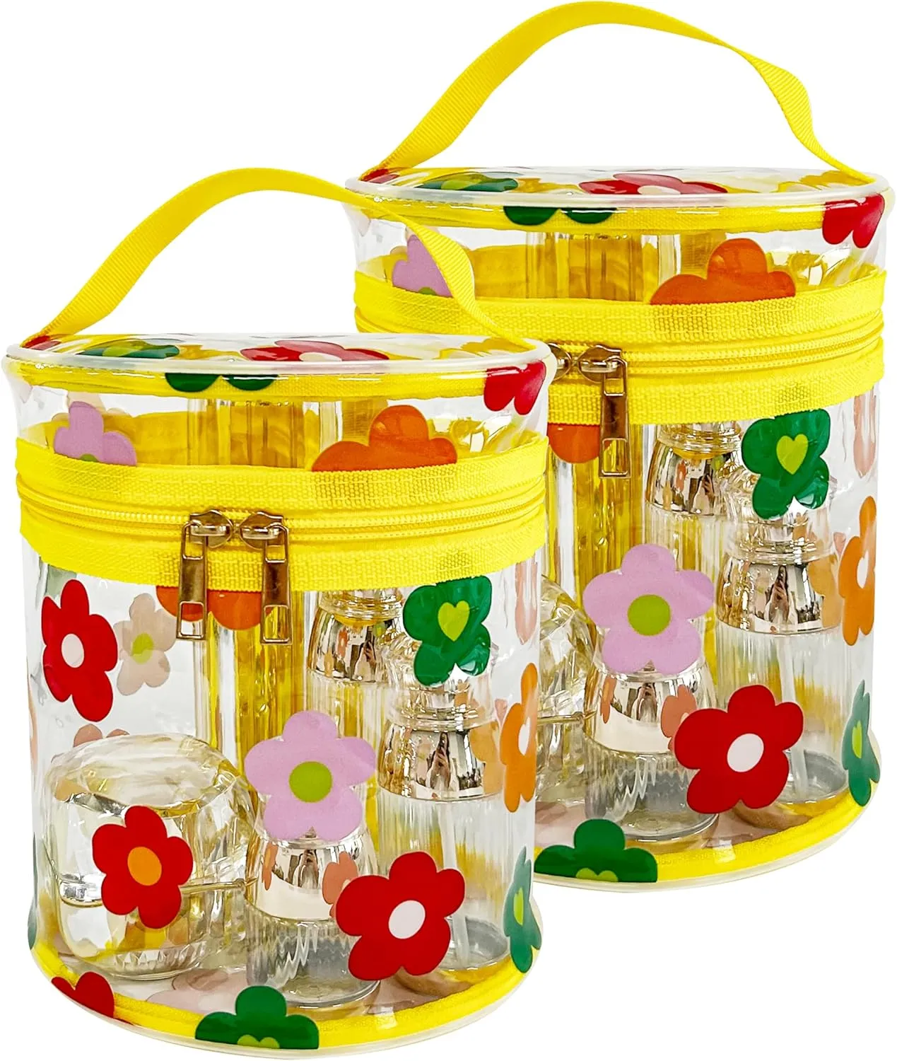Printed Flowers Clear Cylinder Travel Makeup Bag,Portable Waterproof Pouch with Handle Ideal for Women and Girl (D2064-3)