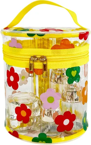 Printed Flowers Clear Cylinder Travel Makeup Bag,Portable Waterproof Pouch with Handle Ideal for Women and Girl (D2064-3)