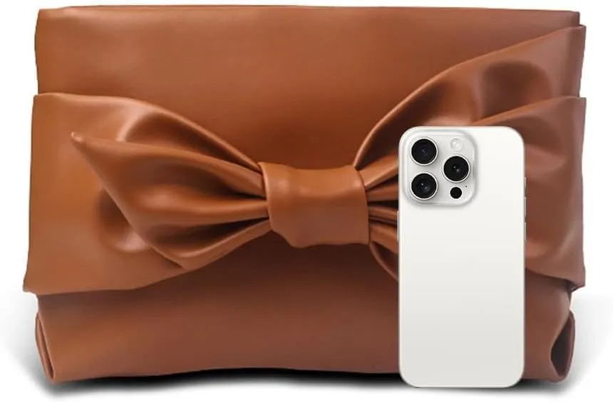 PU Leather Bow Clutch Handbag Brown Purse for Women Zipper Soft Underarm Bag Wristlet Purse Large Capacity Lightweight