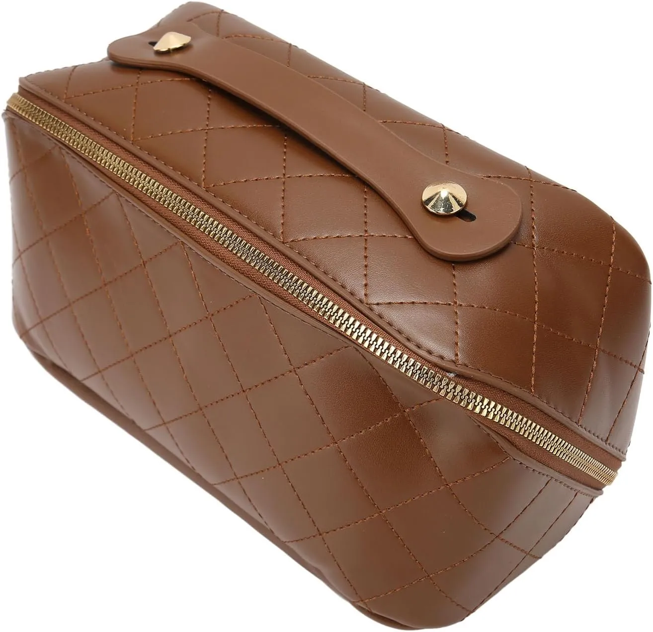 PU Leather Makeup Bag, Large Opening Travel Cosmetic Bag Prevent Deformation Hardness Travel Cosmetic Bag with Handle for Cell Phone Brown
