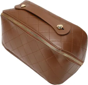 PU Leather Makeup Bag, Large Opening Travel Cosmetic Bag Prevent Deformation Hardness Travel Cosmetic Bag with Handle for Cell Phone Brown