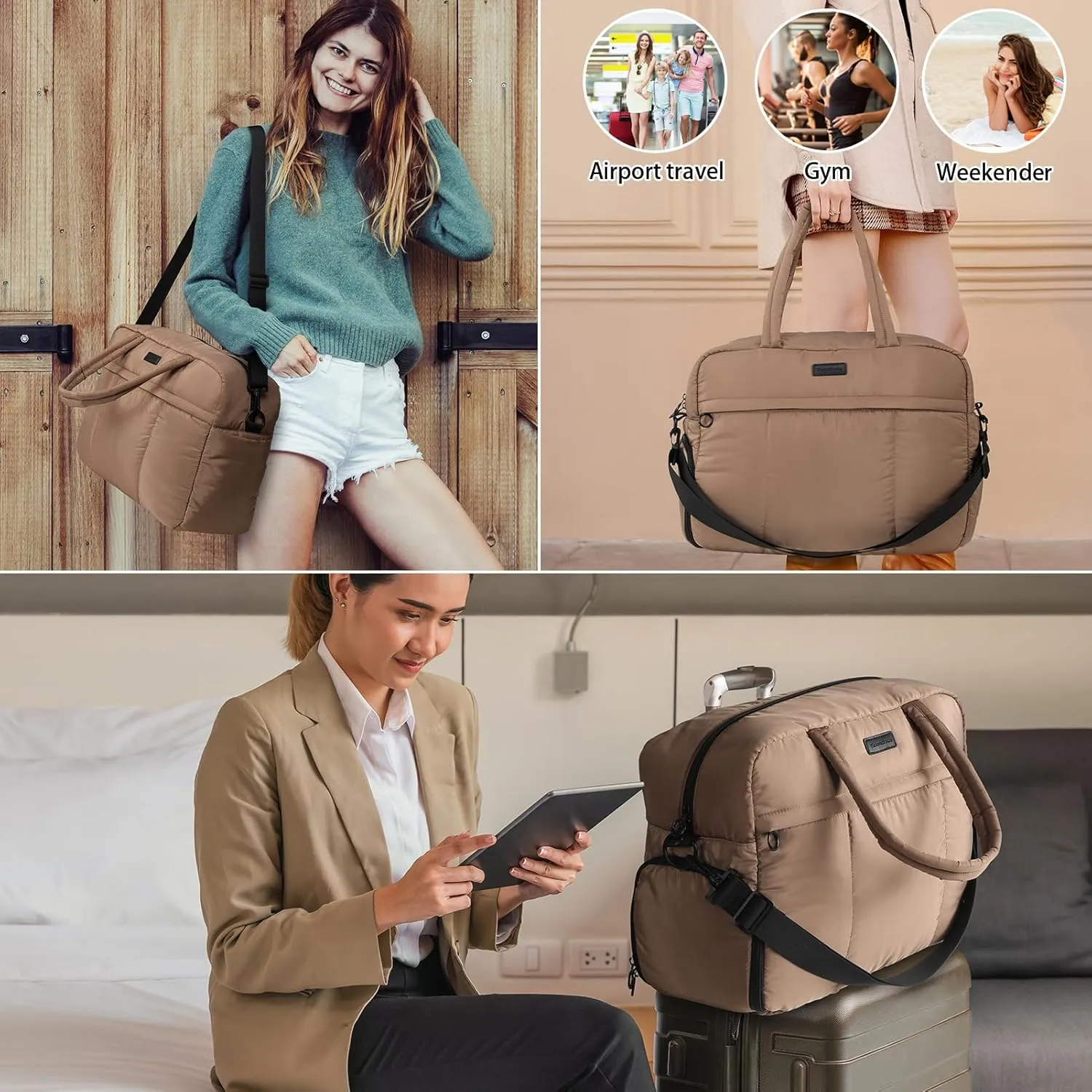Puffy Duffle Bag, Waterproof Carry On Sport Gym Bags, Soft Travel Bag, Weekender Overnight Bag for Women