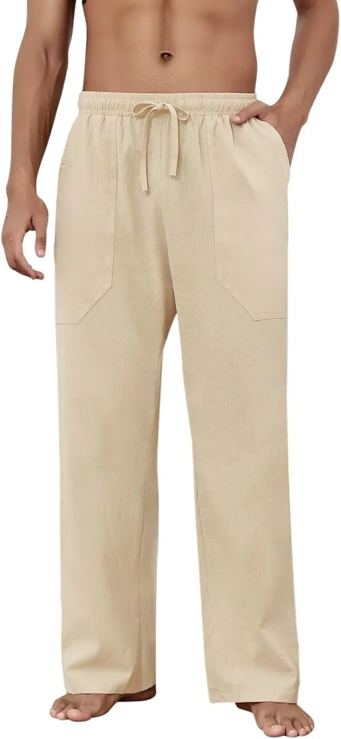 Puimentiua Cotton Linen Pants Men Casual Loose Fit Elastic Drawstring Waist Summer Beach Pants