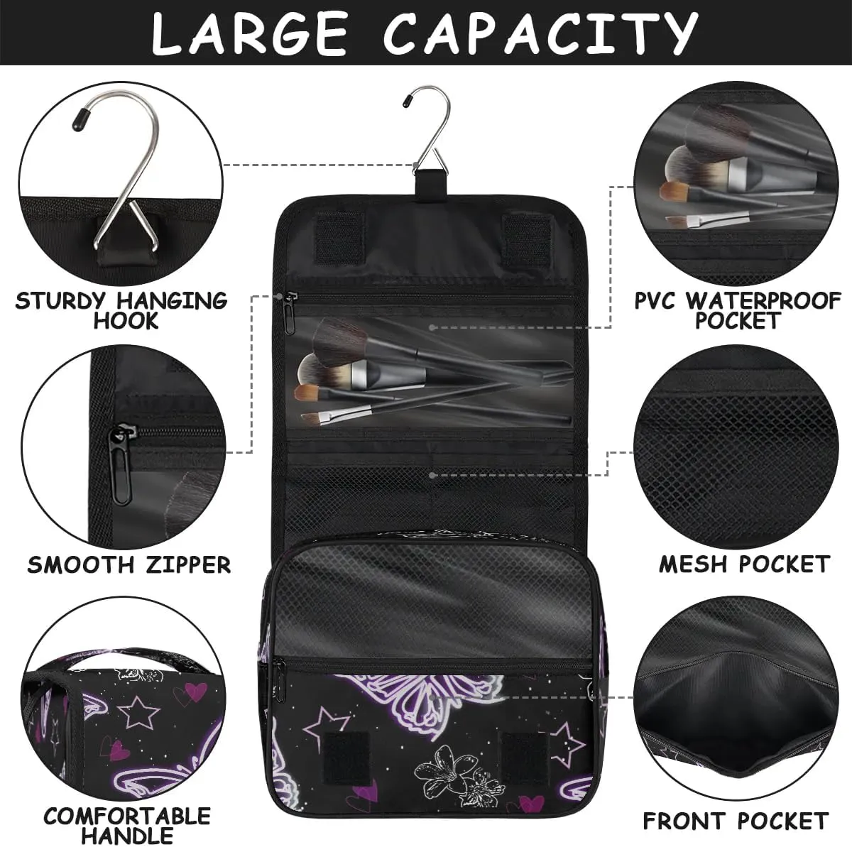 Purple Butterfly Hanging Toiletry Bag, Spacious Travel Toiletry Bag for Women Men, Cosmetic Bags for Women, Travel Makeup Bag Suitable for Business, Camping, and Fitness