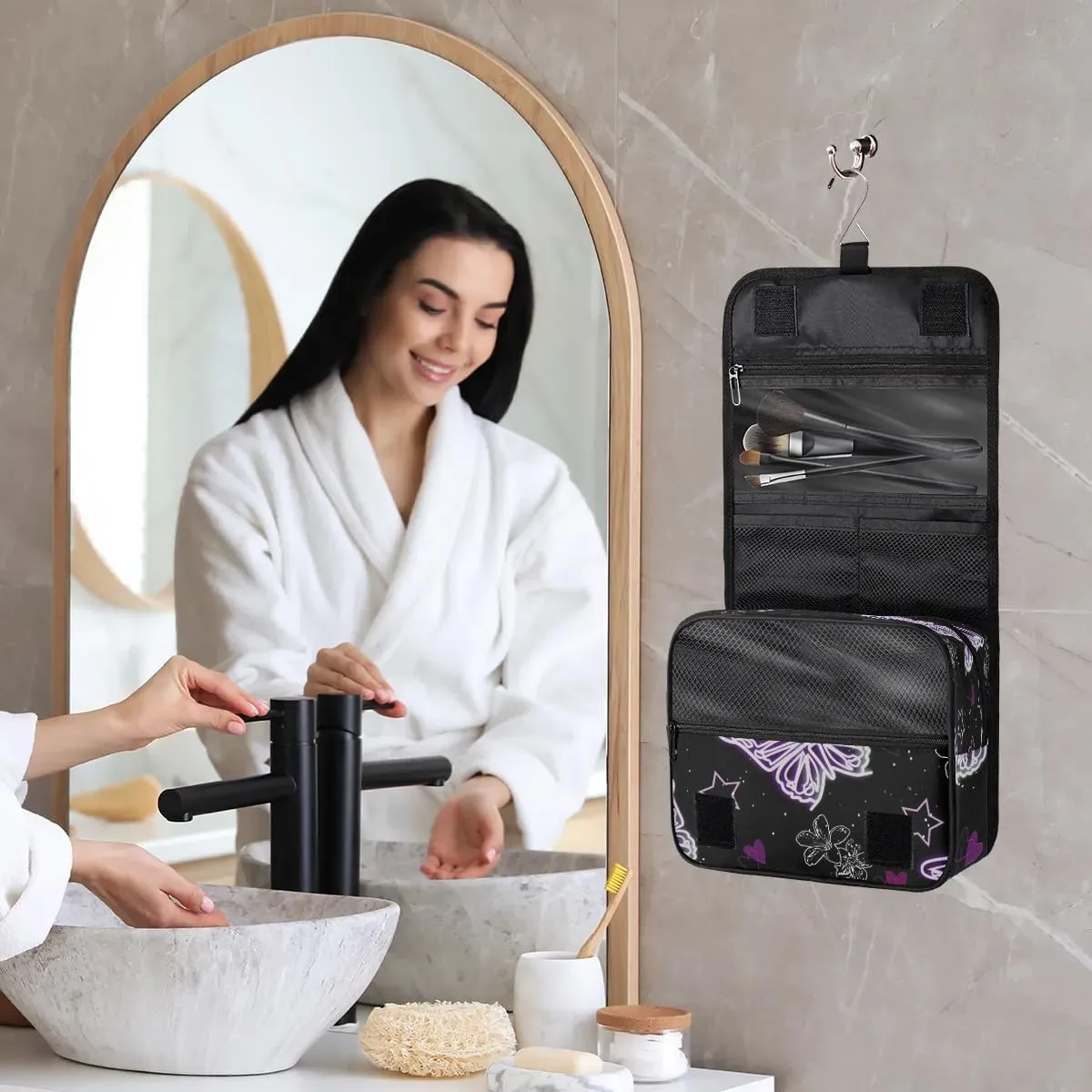 Purple Butterfly Hanging Toiletry Bag, Spacious Travel Toiletry Bag for Women Men, Cosmetic Bags for Women, Travel Makeup Bag Suitable for Business, Camping, and Fitness