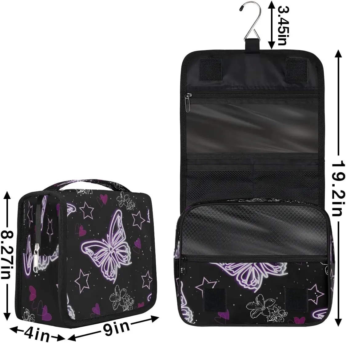 Purple Butterfly Hanging Toiletry Bag, Spacious Travel Toiletry Bag for Women Men, Cosmetic Bags for Women, Travel Makeup Bag Suitable for Business, Camping, and Fitness