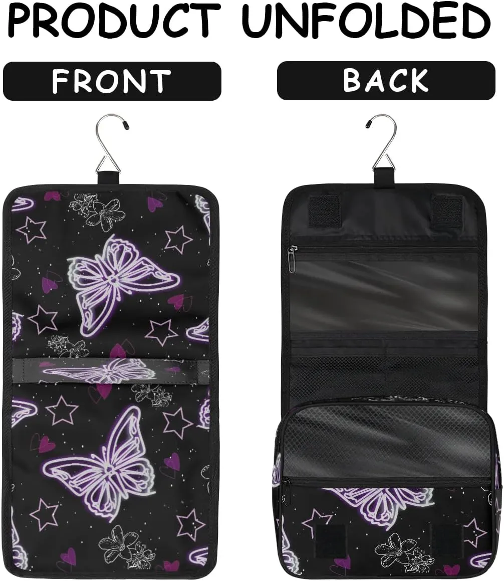 Purple Butterfly Hanging Toiletry Bag, Spacious Travel Toiletry Bag for Women Men, Cosmetic Bags for Women, Travel Makeup Bag Suitable for Business, Camping, and Fitness