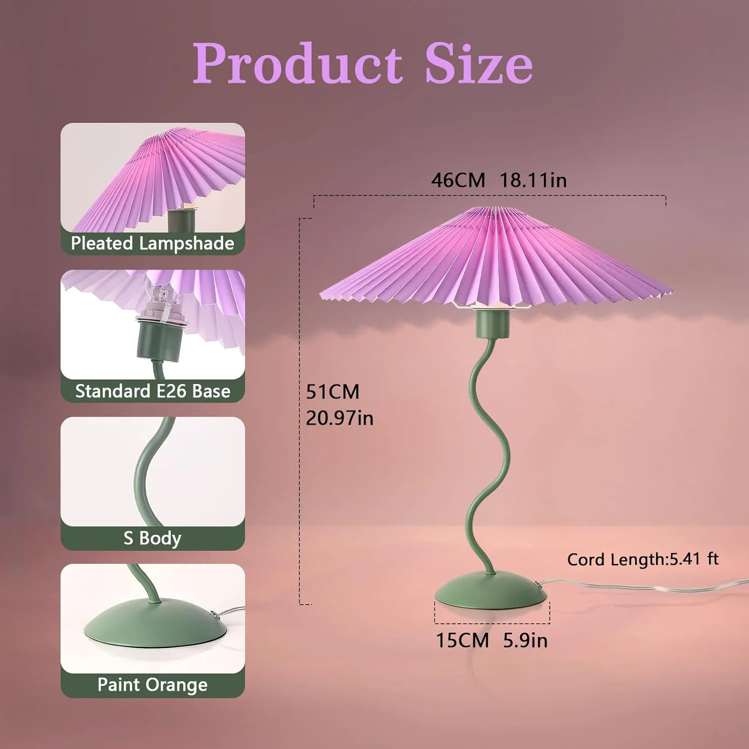 Purple Funky Table Lamp with Pleated Lamp Shape, Unique Table Lamp for Bedroom, Sage with Purple Table Lamp Bedside Lamps for Nightstand, Living Room (Purple)