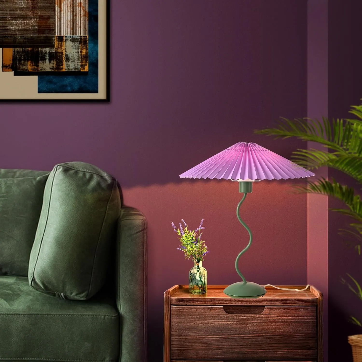 Purple Funky Table Lamp with Pleated Lamp Shape, Unique Table Lamp for Bedroom, Sage with Purple Table Lamp Bedside Lamps for Nightstand, Living Room (Purple)