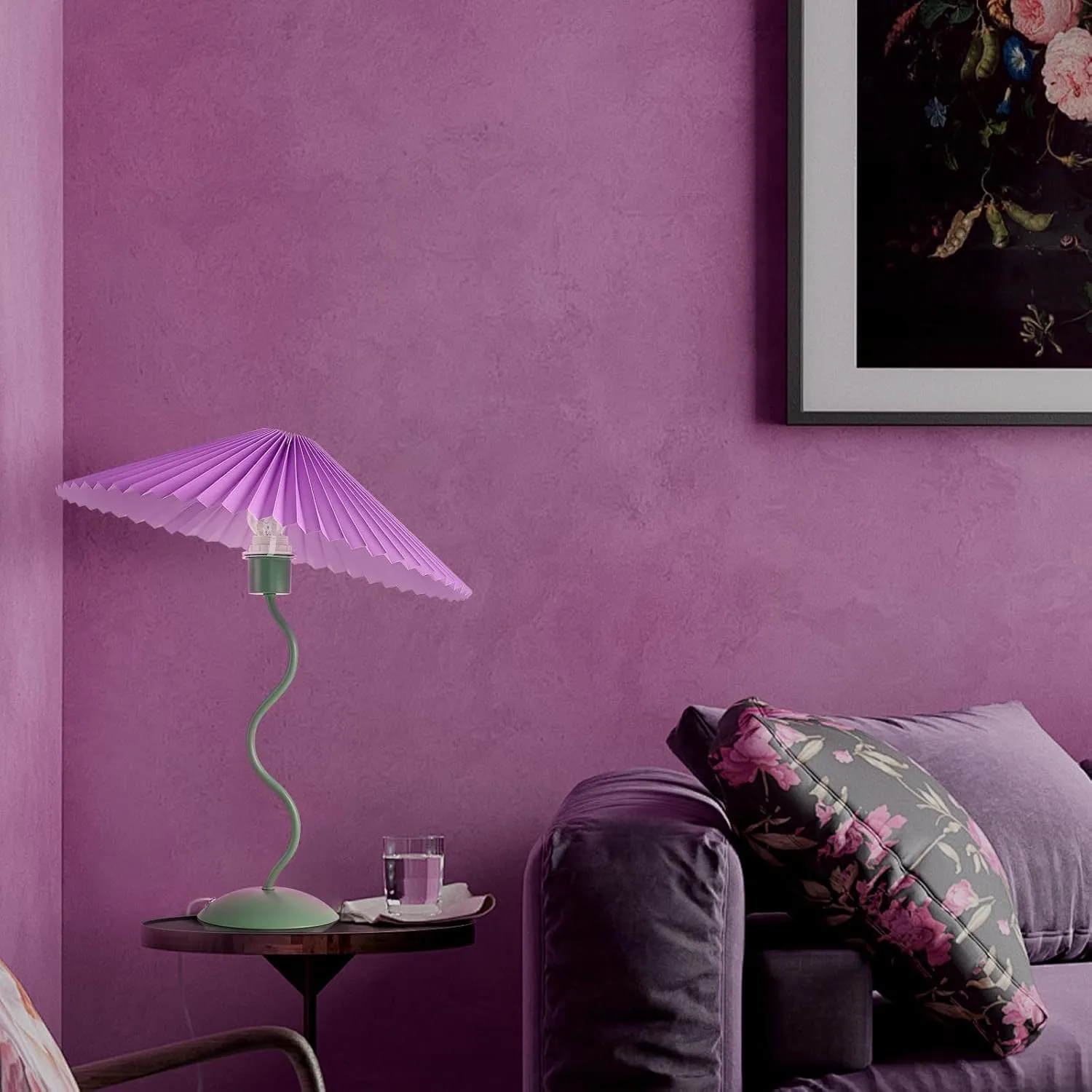 Purple Funky Table Lamp with Pleated Lamp Shape, Unique Table Lamp for Bedroom, Sage with Purple Table Lamp Bedside Lamps for Nightstand, Living Room (Purple)