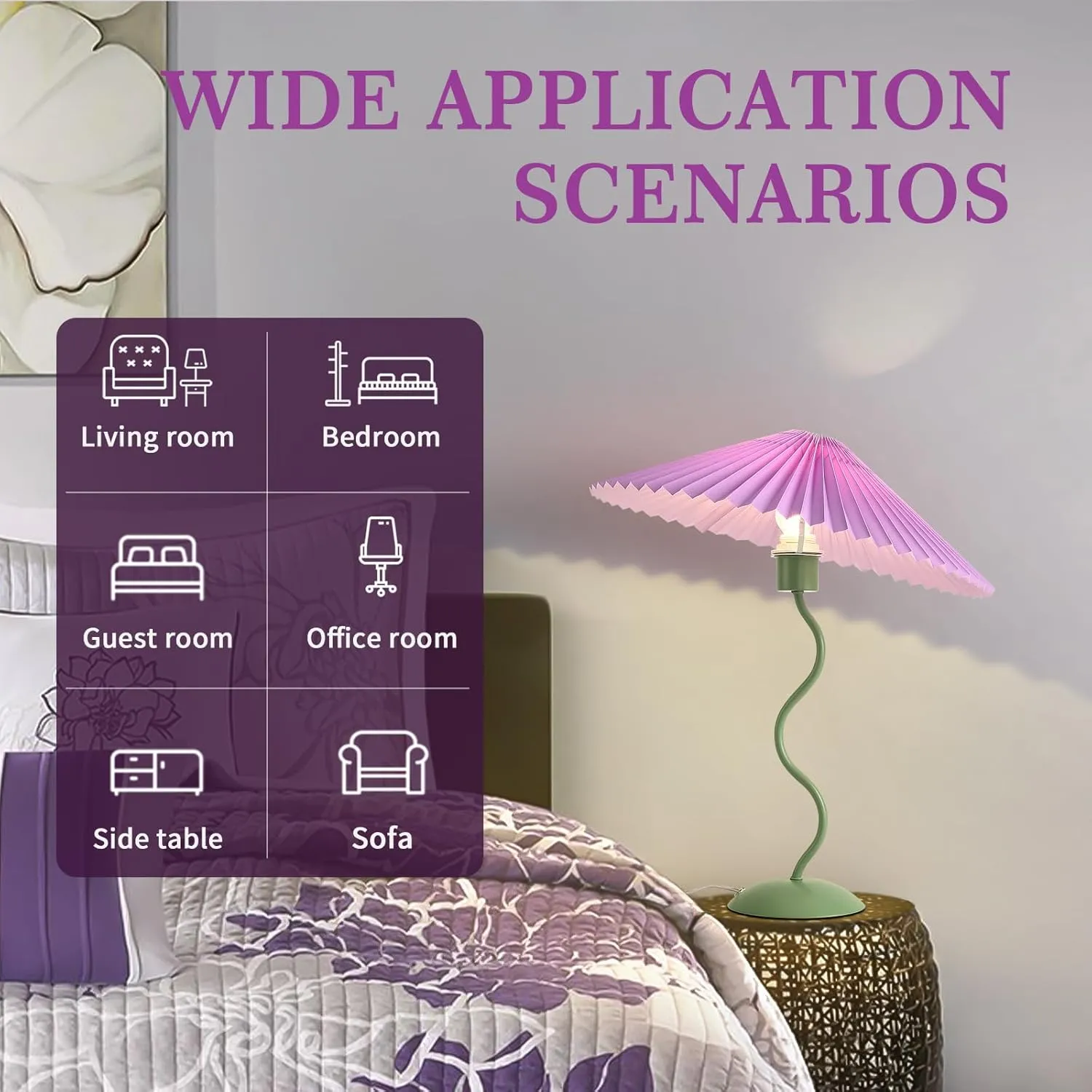 Purple Funky Table Lamp with Pleated Lamp Shape, Unique Table Lamp for Bedroom, Sage with Purple Table Lamp Bedside Lamps for Nightstand, Living Room (Purple)