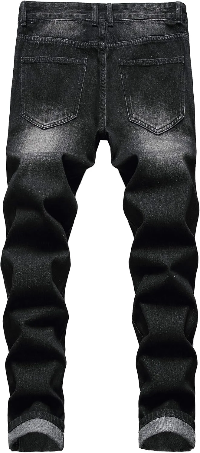 QIMYUM Mens Ripped Jeans, Distressed Destroyed Slim Fit Straight Leg Denim Pants
