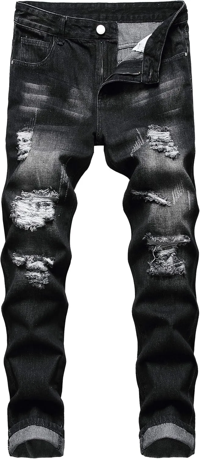 QIMYUM Mens Ripped Jeans, Distressed Destroyed Slim Fit Straight Leg Denim Pants