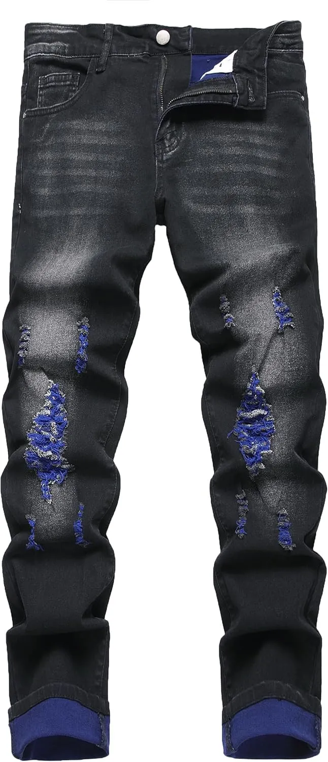 QIMYUM Mens Ripped Jeans, Distressed Destroyed Slim Fit Straight Leg Denim Pants