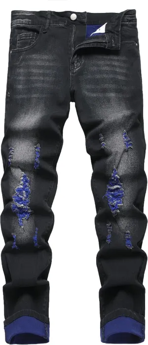 QIMYUM Mens Ripped Jeans, Distressed Destroyed Slim Fit Straight Leg Denim Pants
