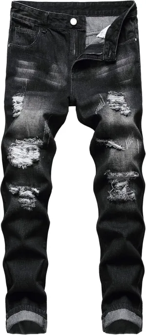 QIMYUM Mens Ripped Jeans, Distressed Destroyed Slim Fit Straight Leg Denim Pants