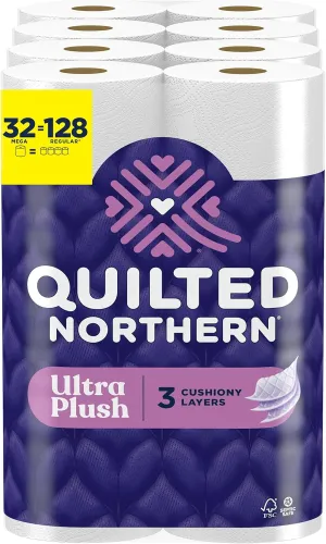 Quilted Northern Ultra Plush Toilet Paper, 32 Mega Rolls = 128 Regular Rolls, 3X Thicker*, 3 Ply Soft Toilet Tissue