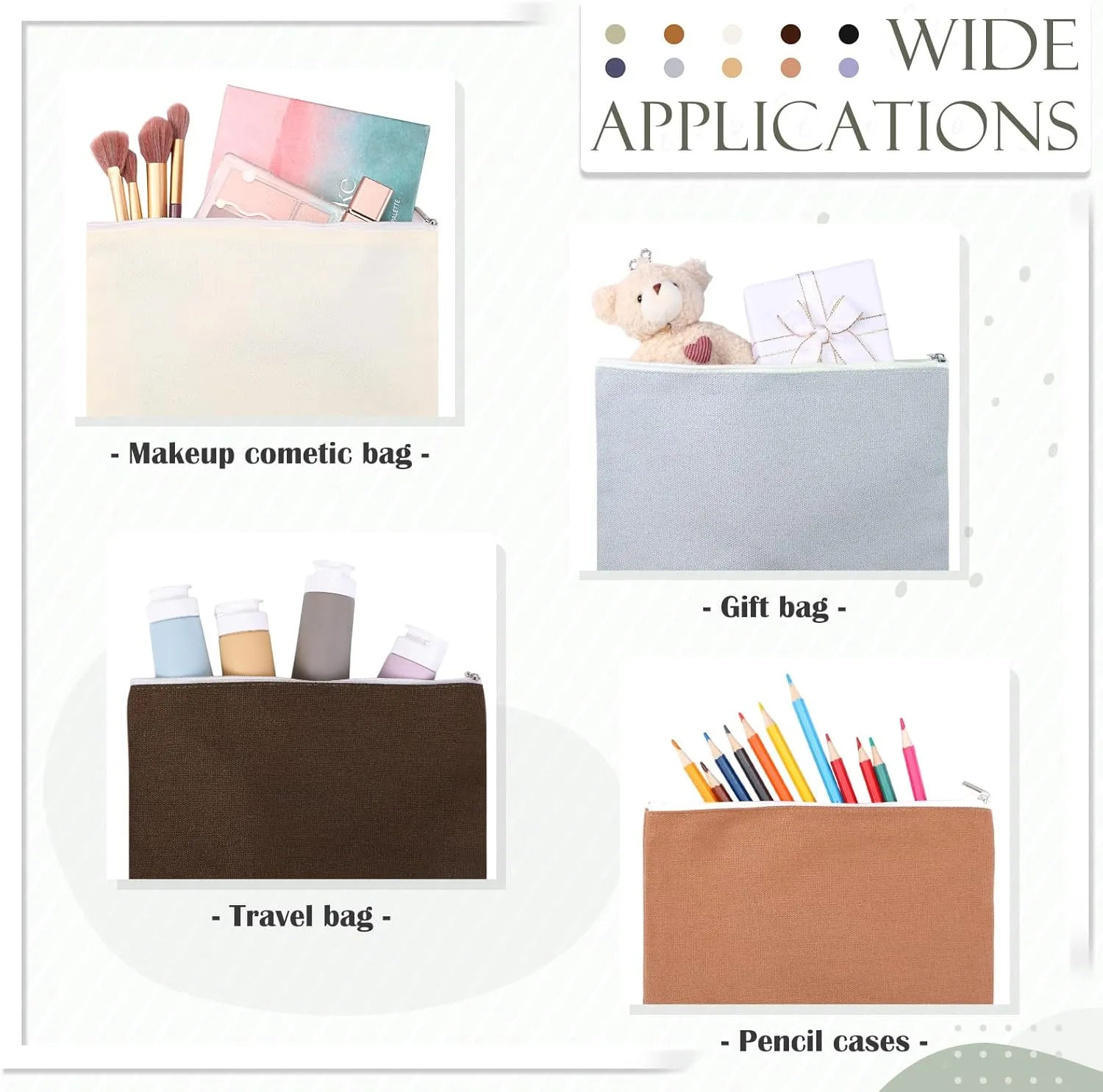 Reginary 10 Pcs Canvas Makeup Bags Bulk for Women Blank DIY Craft Pencil Pouch Multicolor Cosmetics Bag Travel Toiletry Pouch Gift for Mental Health Nurse Mother Teacher(Pastel Color)