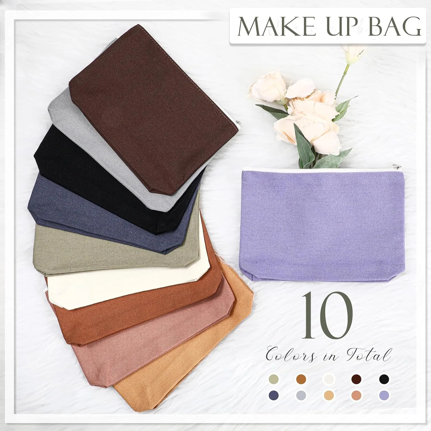 Reginary 10 Pcs Canvas Makeup Bags Bulk for Women Blank DIY Craft Pencil Pouch Multicolor Cosmetics Bag Travel Toiletry Pouch Gift for Mental Health Nurse Mother Teacher(Pastel Color)