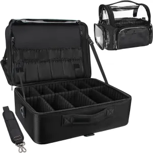 Relavel Extra Large Makeup Case and Makeup Brush Holder Bag, Professional Makeup Organizer, Large Capacity with Adjustable Dividers and Shoulder Strap (Black)
