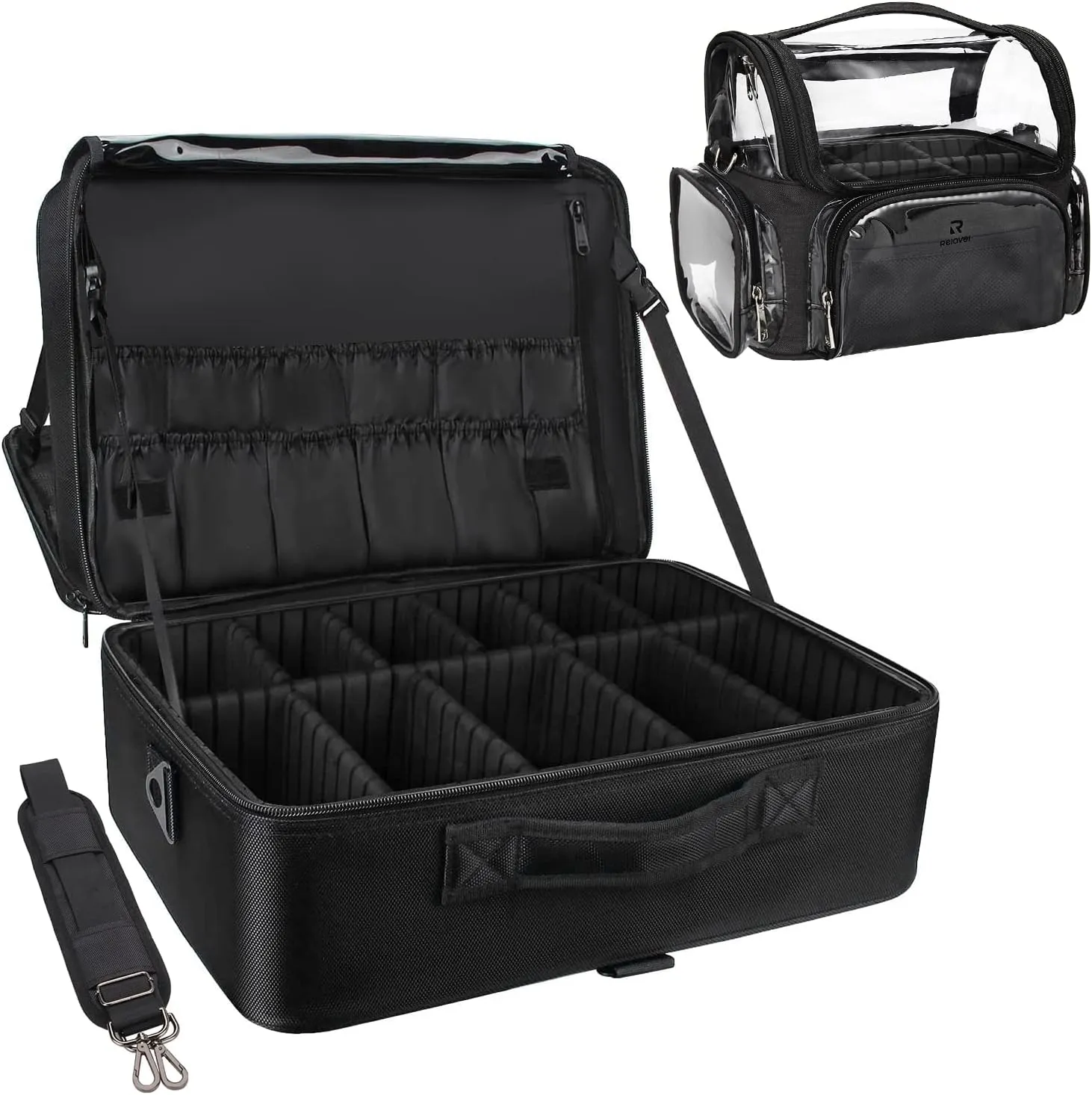Relavel Extra Large Makeup Case and Makeup Brush Holder Bag, Professional Makeup Organizer, Large Capacity with Adjustable Dividers and Shoulder Strap (Black)