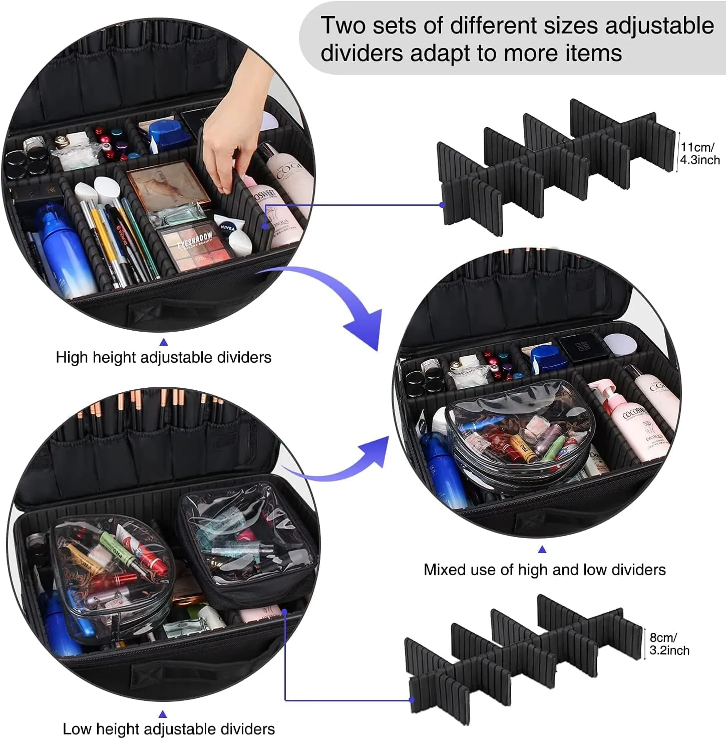 Relavel Extra Large Makeup Case and Makeup Brush Holder Bag, Professional Makeup Organizer, Large Capacity with Adjustable Dividers and Shoulder Strap (Black)