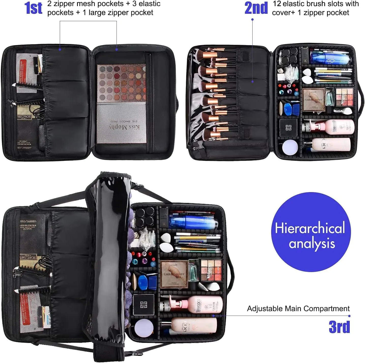 Relavel Extra Large Makeup Case and Makeup Brush Holder Bag, Professional Makeup Organizer, Large Capacity with Adjustable Dividers and Shoulder Strap (Black)