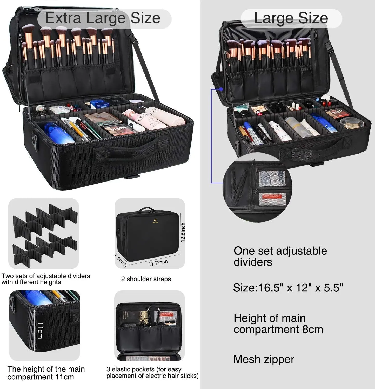 Relavel Extra Large Makeup Case and Makeup Brush Holder Bag, Professional Makeup Organizer, Large Capacity with Adjustable Dividers and Shoulder Strap (Black)