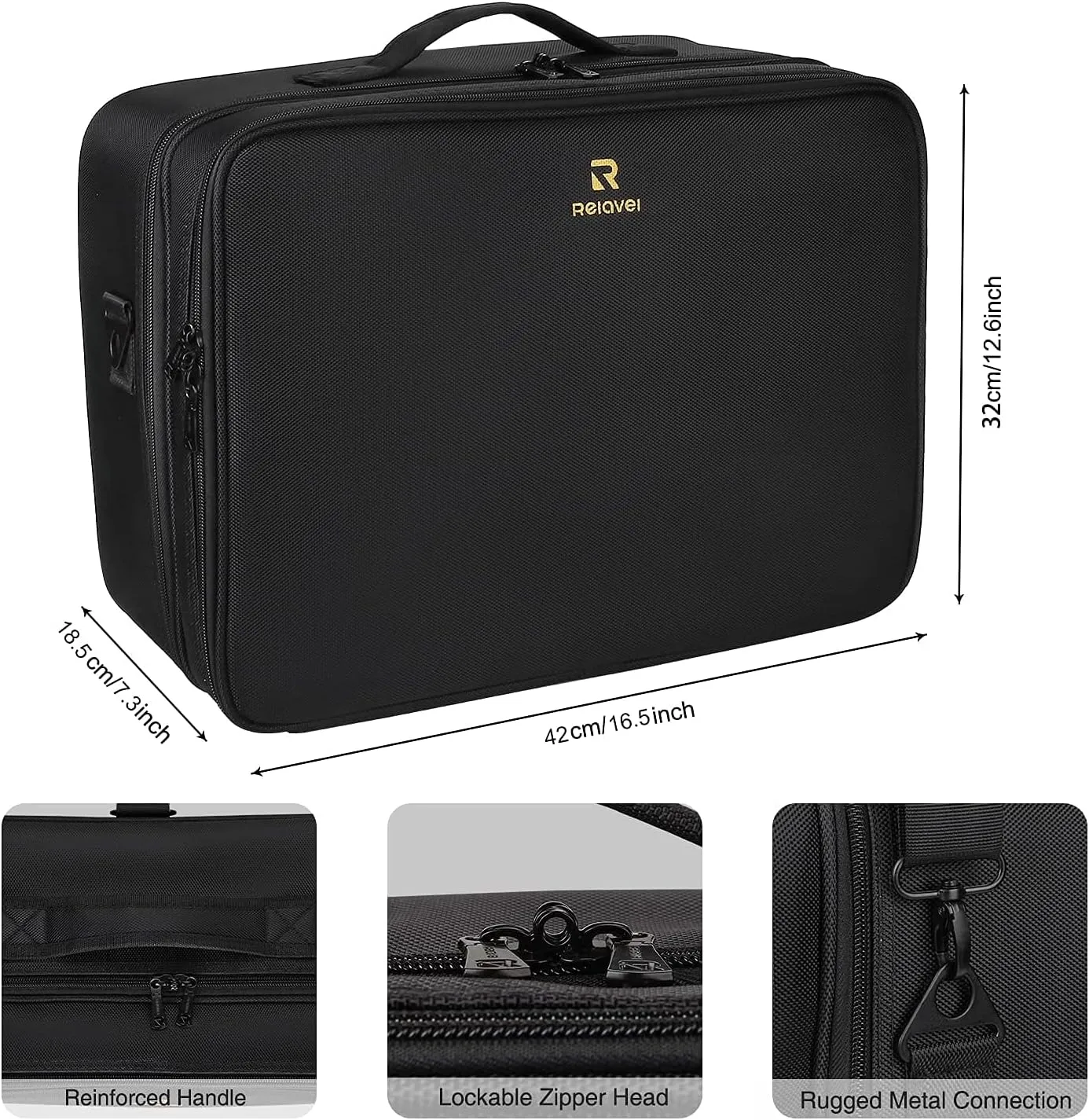 Relavel Extra Large Makeup Case and Makeup Brush Holder Bag, Professional Makeup Organizer, Large Capacity with Adjustable Dividers and Shoulder Strap (Black)