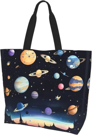 Reusable One Shoulder Shopping Bag, Saturn Jupiter Earth Women One Shoulder Casual Tote Bag, Multipurpose Large Shopping Bag