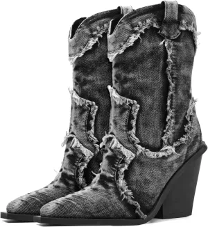 Rhinestones Denim Boots for Women Sparkly Wide Calf Cowboy Boots Almond Pointed Toe Chunky Block Heel Jean Mid Calf Cowgirl Boots Western Retro Jeans Ankle Short Boots