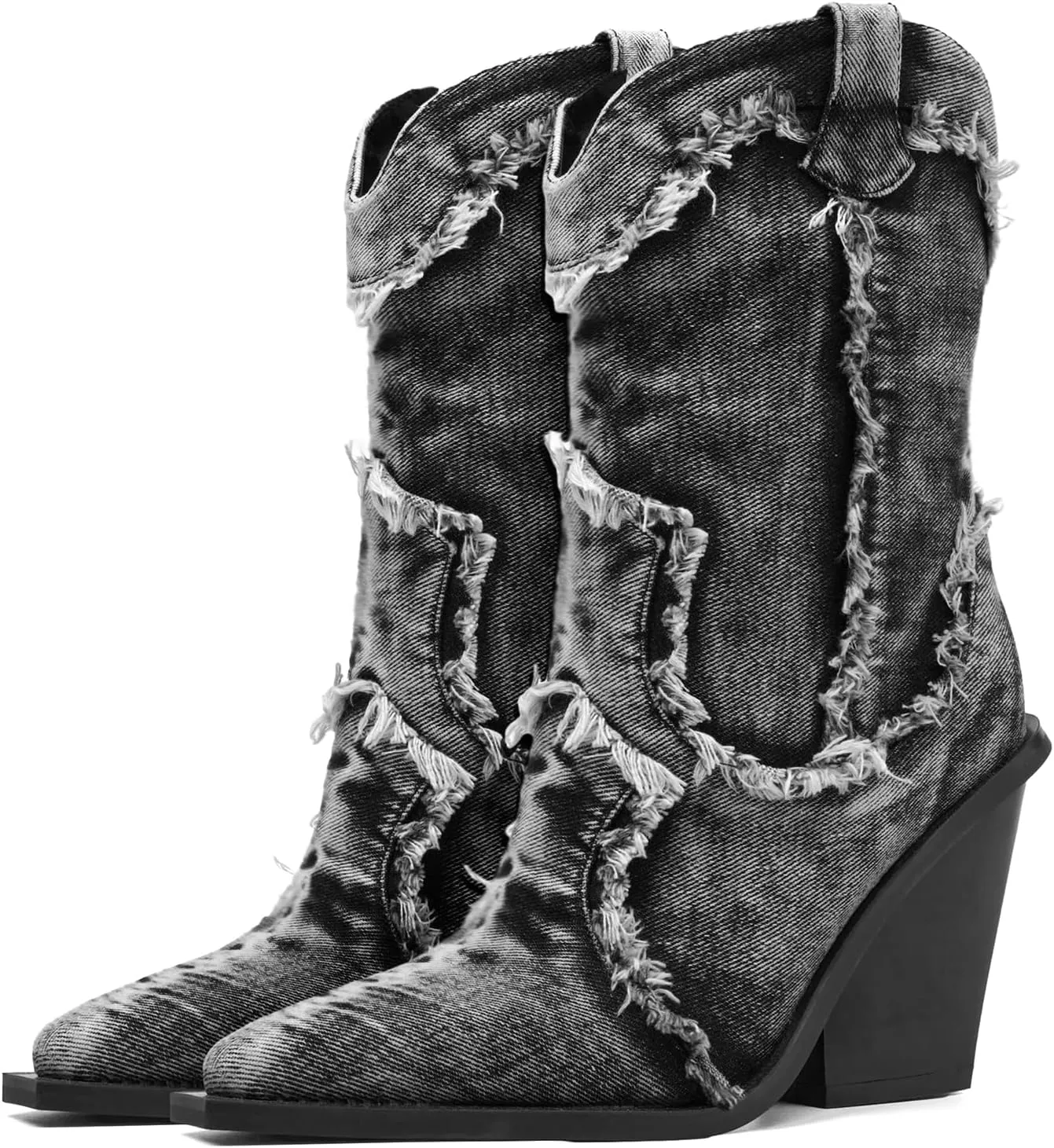 Rhinestones Denim Boots for Women Sparkly Wide Calf Cowboy Boots Almond Pointed Toe Chunky Block Heel Jean Mid Calf Cowgirl Boots Western Retro Jeans Ankle Short Boots