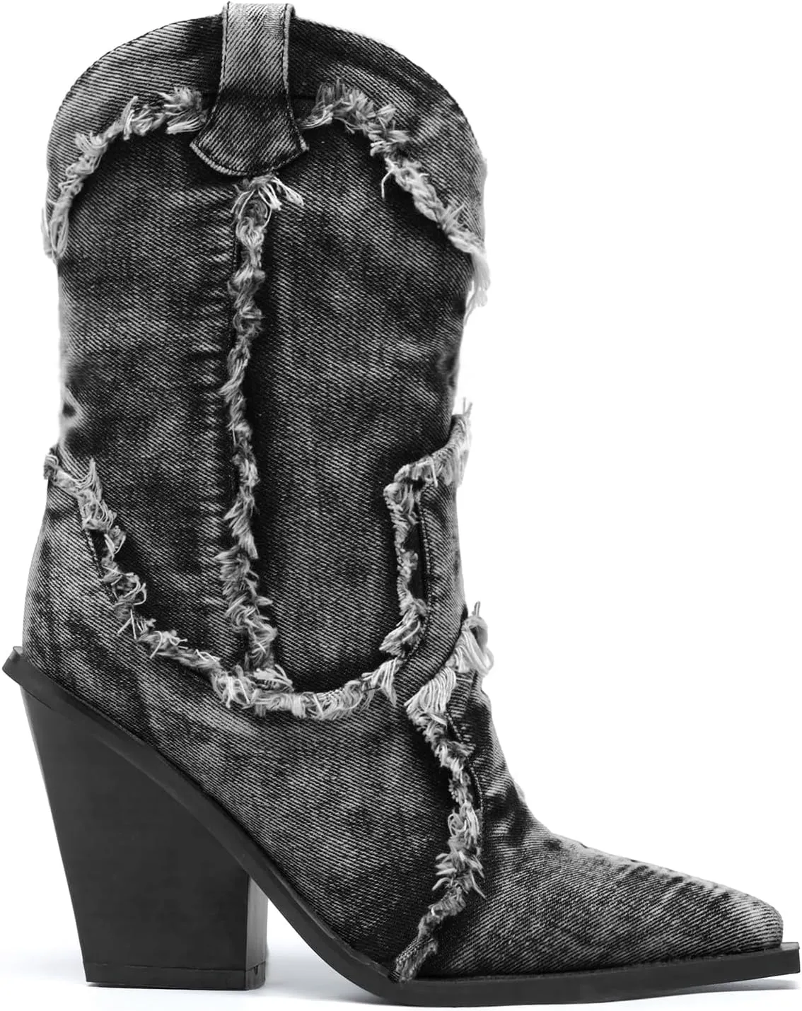 Rhinestones Denim Boots for Women Sparkly Wide Calf Cowboy Boots Almond Pointed Toe Chunky Block Heel Jean Mid Calf Cowgirl Boots Western Retro Jeans Ankle Short Boots