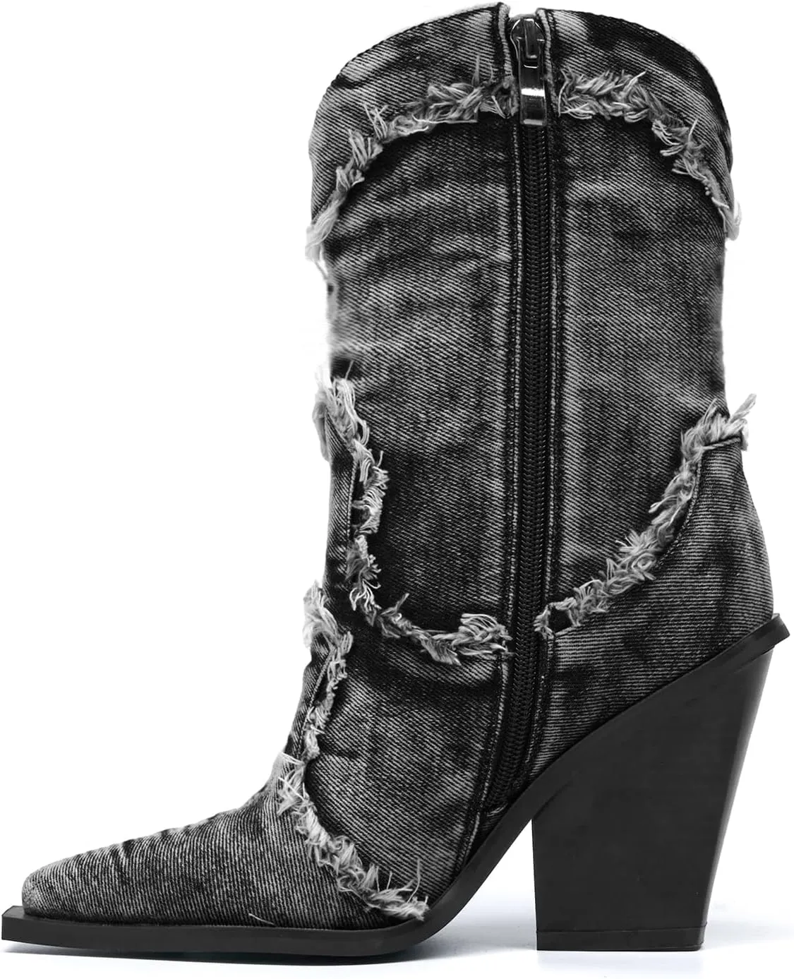 Rhinestones Denim Boots for Women Sparkly Wide Calf Cowboy Boots Almond Pointed Toe Chunky Block Heel Jean Mid Calf Cowgirl Boots Western Retro Jeans Ankle Short Boots