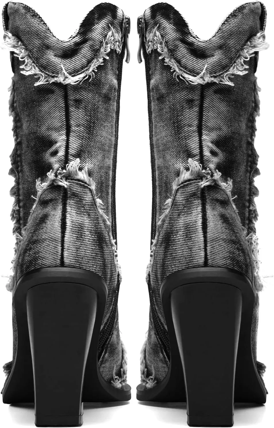 Rhinestones Denim Boots for Women Sparkly Wide Calf Cowboy Boots Almond Pointed Toe Chunky Block Heel Jean Mid Calf Cowgirl Boots Western Retro Jeans Ankle Short Boots