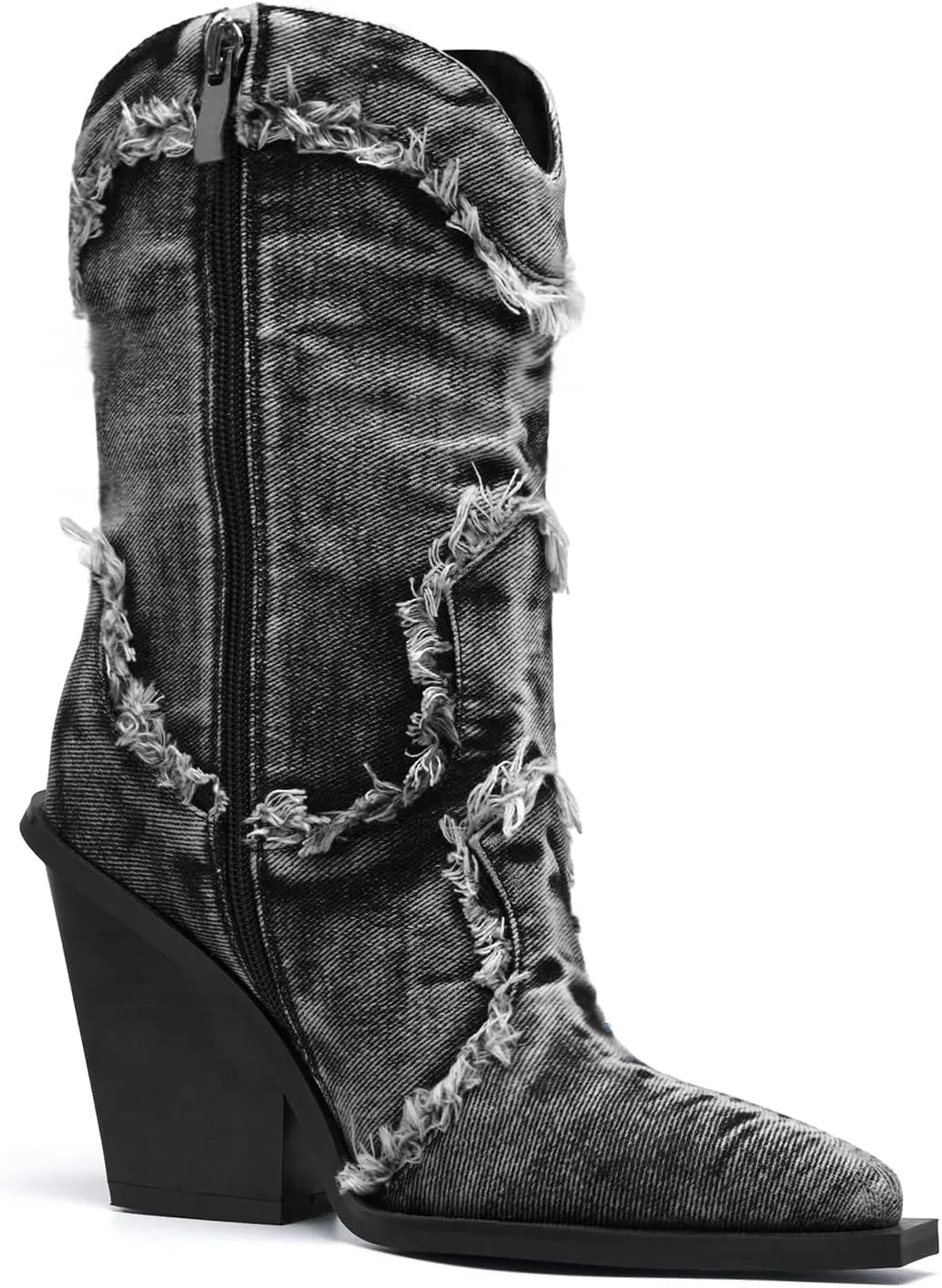 Rhinestones Denim Boots for Women Sparkly Wide Calf Cowboy Boots Almond Pointed Toe Chunky Block Heel Jean Mid Calf Cowgirl Boots Western Retro Jeans Ankle Short Boots