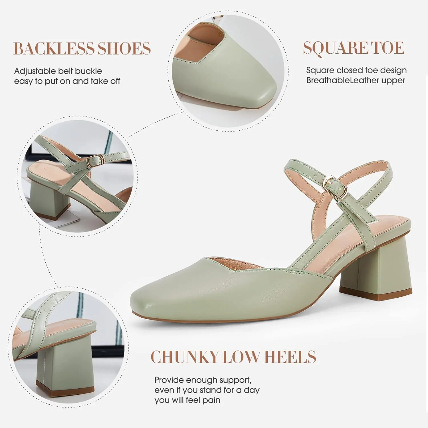 Rilista Women's Slingback Chunky Low Heels Closed Square Toe Heel Wedding Party Dress Pumps Shoes