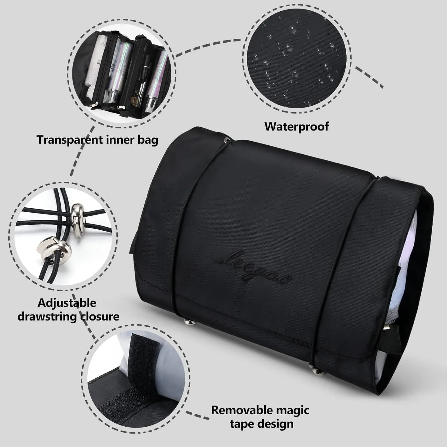 Roll Up Makeup Bag, Hanging Toiletry Bag, 4 in 1 Detachable Cosmetic Bag, 4 Removable Storage Bags, Travel Makeup Organizer Bags for Women Men(Black)