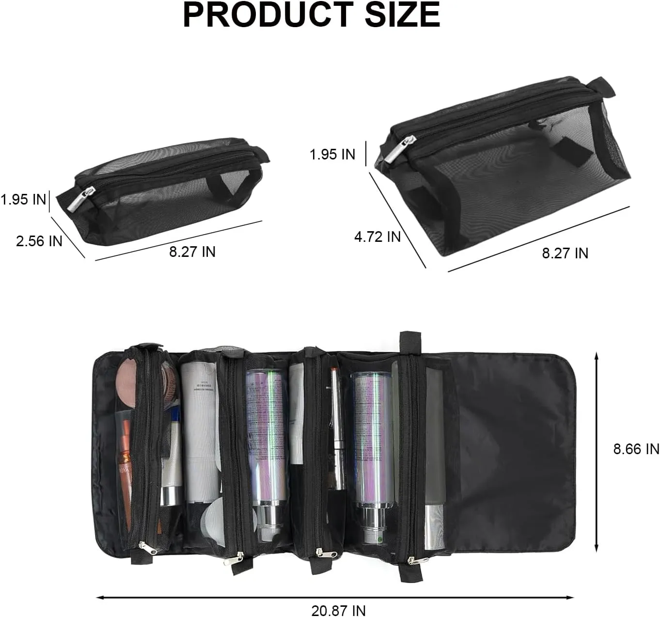 Roll Up Makeup Bag, Hanging Toiletry Bag, 4 in 1 Detachable Cosmetic Bag, 4 Removable Storage Bags, Travel Makeup Organizer Bags for Women Men(Black)