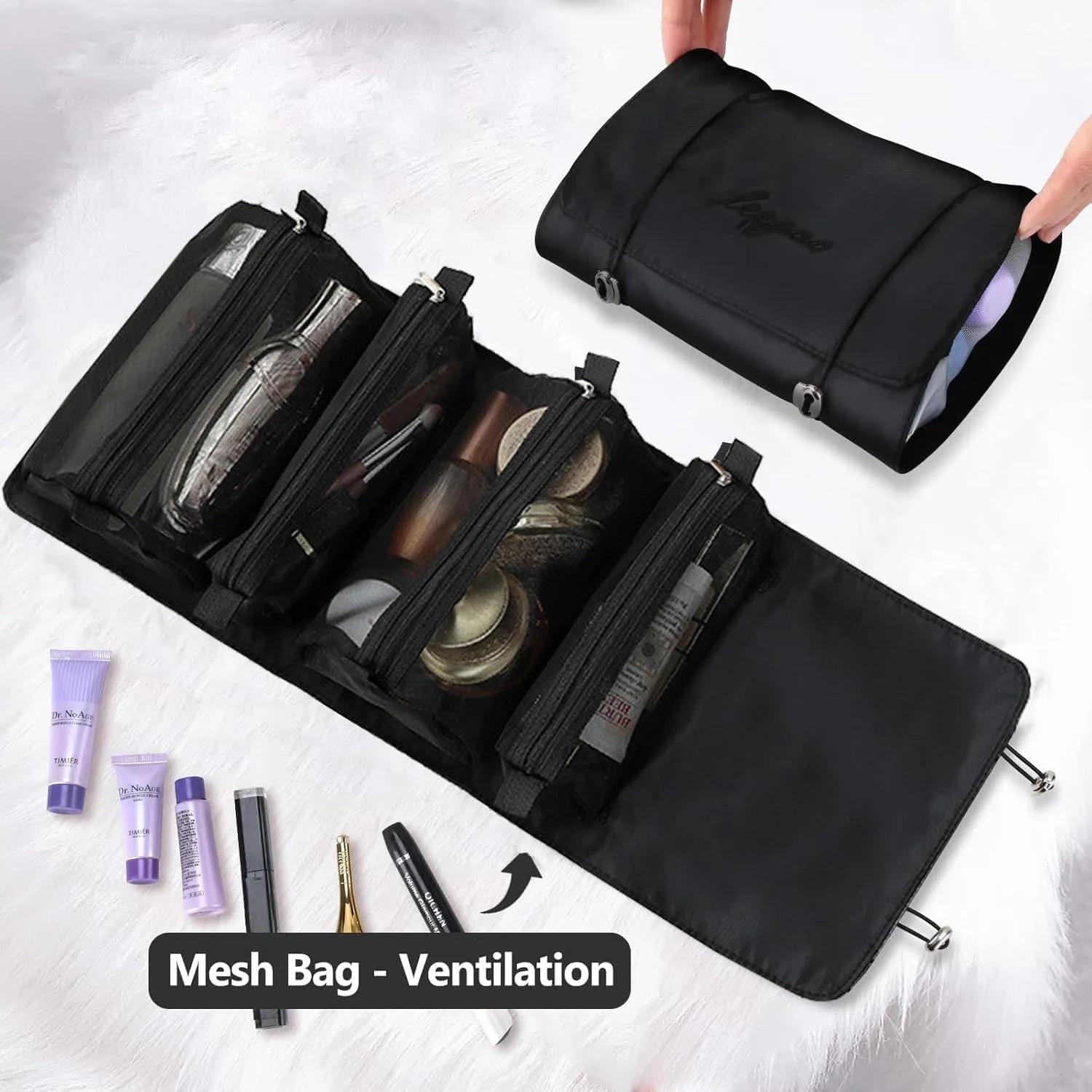 Roll Up Makeup Bag, Hanging Toiletry Bag, 4 in 1 Detachable Cosmetic Bag, 4 Removable Storage Bags, Travel Makeup Organizer Bags for Women Men(Black)